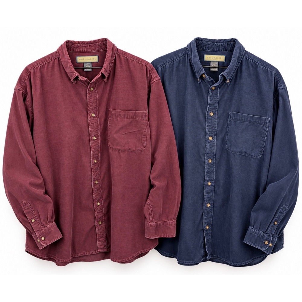 VTG Naturalife Lot Of 2 Corduroy Button Down Shirts Mens Size XL Navy Burgundy
